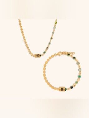 Karma And Luck Gemini Emerald Necklace and Bracelet Set - Gold Accents